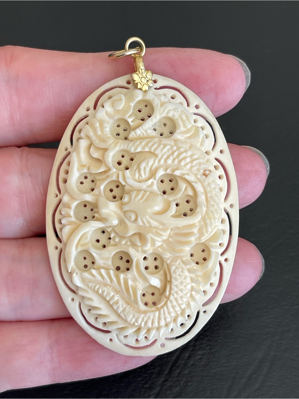 Vintage Carved natural Ivory Dragon Oval Pendant Necklace.